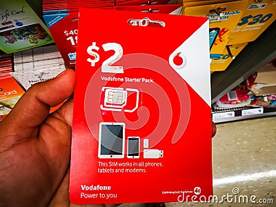 Vodafone sim card 2 dollar prepaid starter pack works in all phones, tablets and modems. Editorial Stock Photo